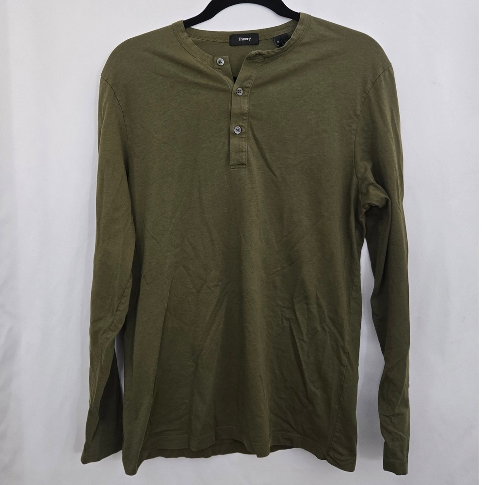 Theory Mens M Long Sleeve‎ Henley Shirt Olive Green Made in Peru Designer Casual
